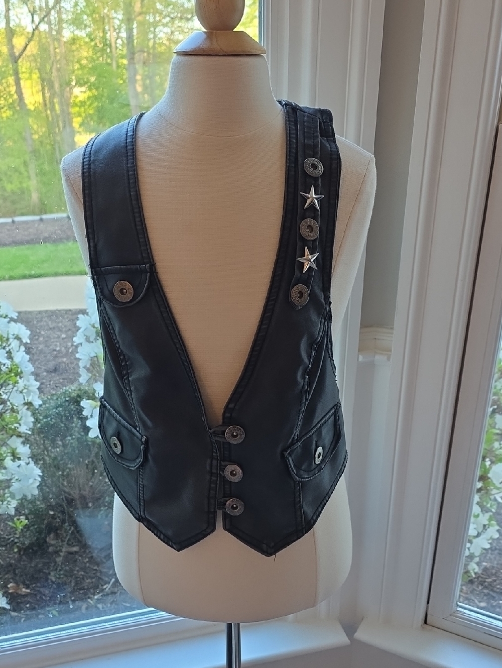 last kiss Black Faux Leather Kids Vest with Star Stud Accents